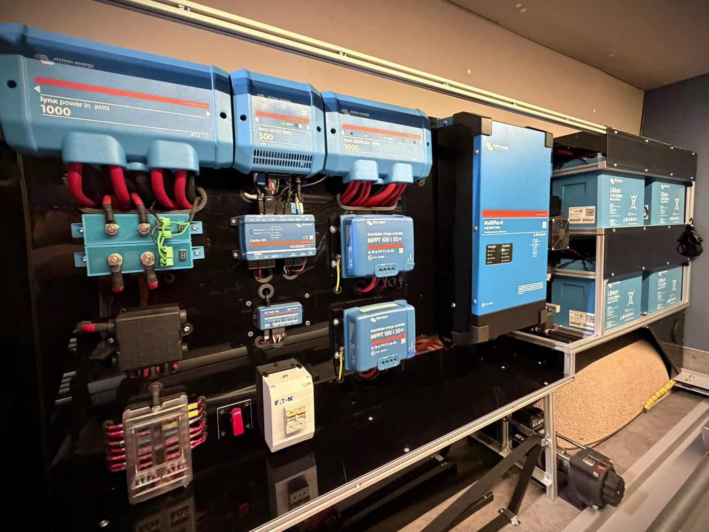 Elektroanlage eines Ausbaus: Wechselrichter, Laderegler, Sicherungen und Batterien auf einer Montageplatte