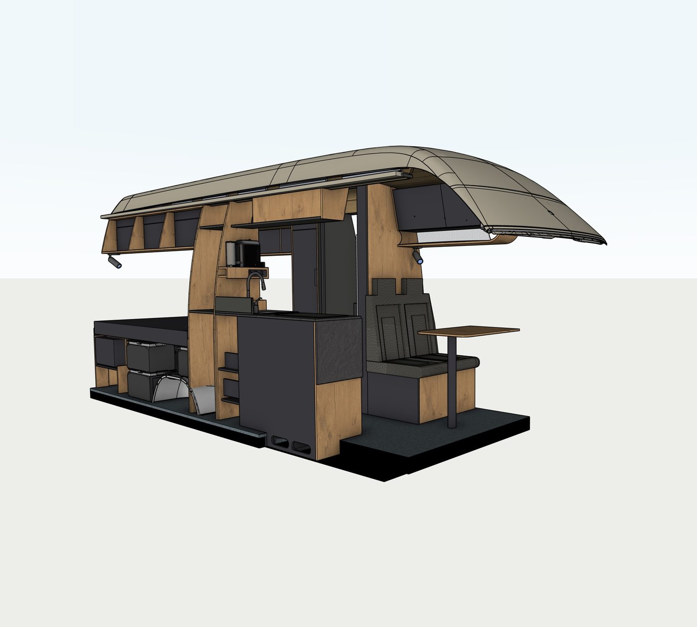 Digitale Planung eines Sprinter-Ausbaus mit Küche, Sitzgruppe und Stauraum